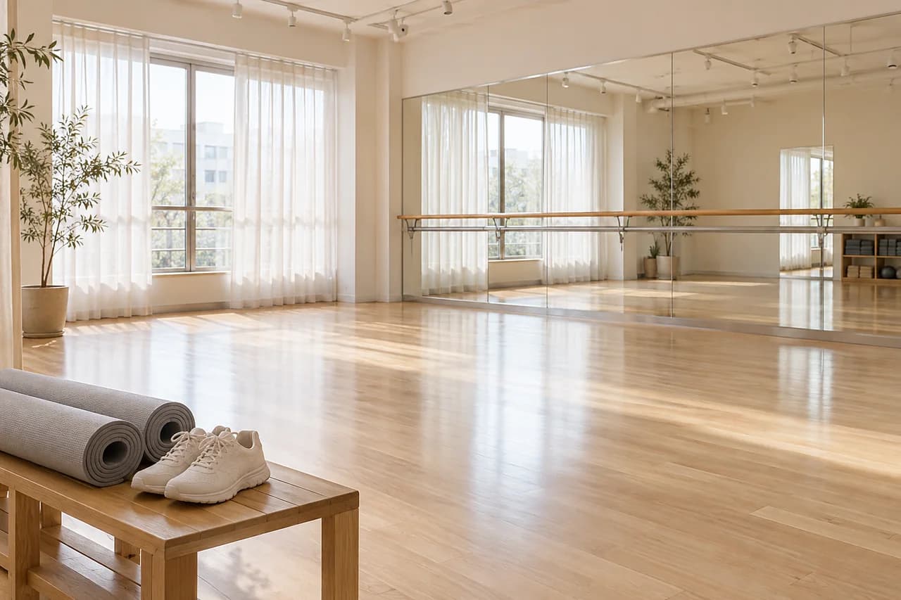 木の床と大きな鏡がある明るいダンススタジオのAI生成イメージ