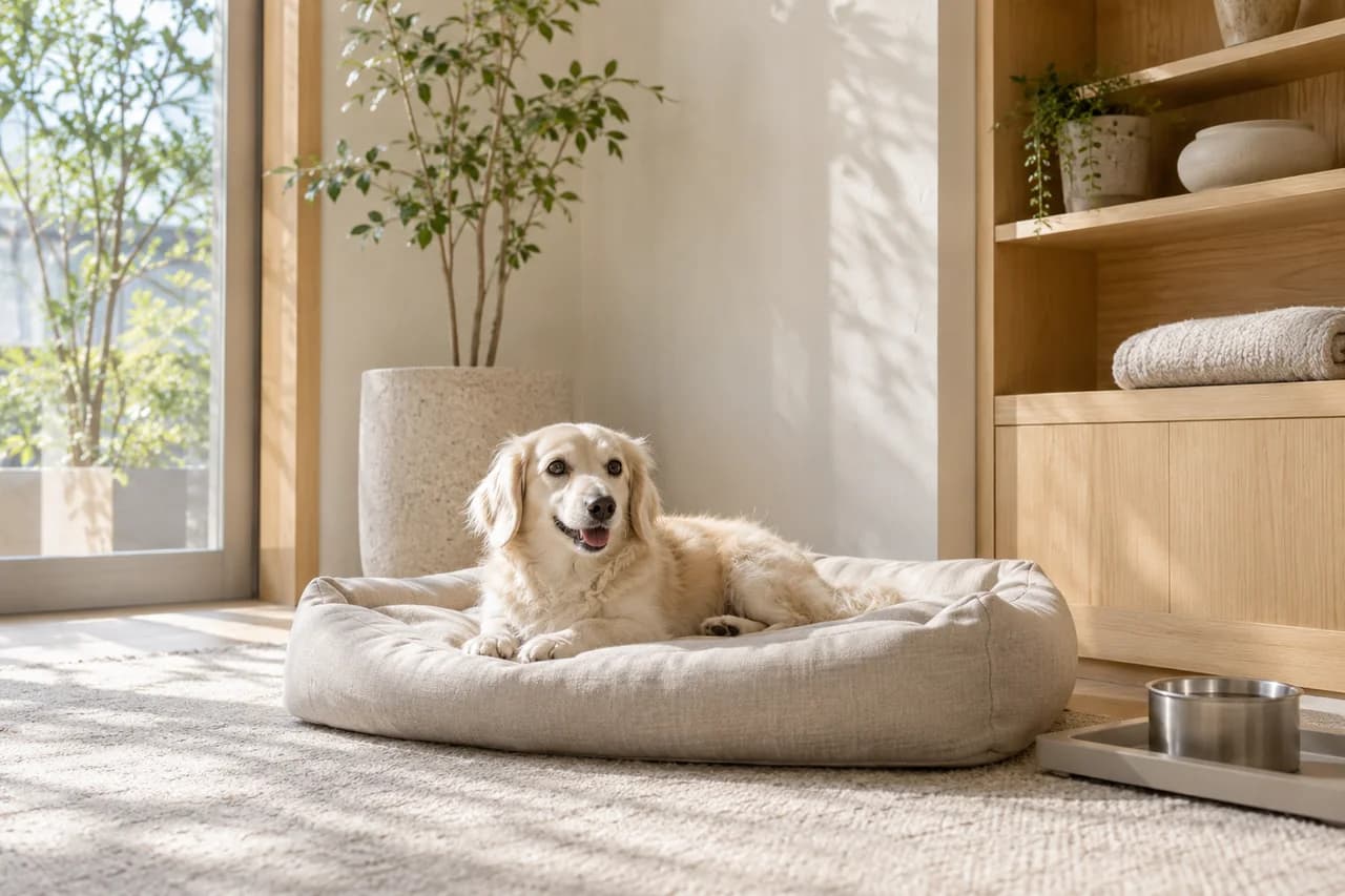 明るい室内の柔らかなベッドでくつろぐ犬のAI生成イメージ